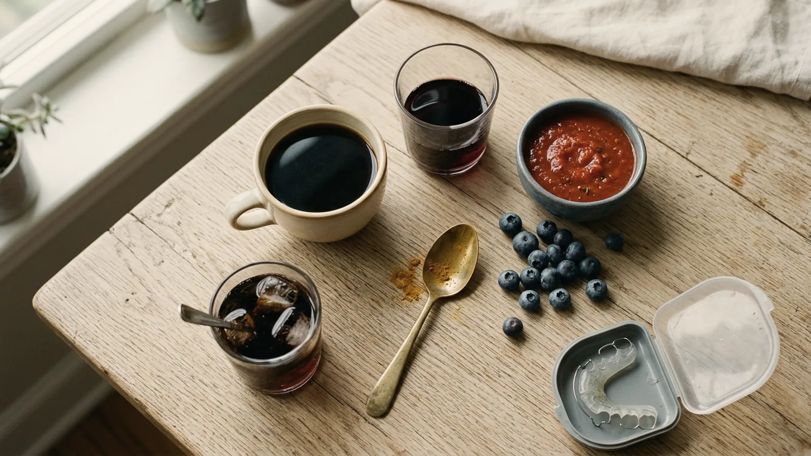 Mesa com café, vinho, molho de tomate, mirtilo e refrigerante, alimentos que pigmentam os dentes