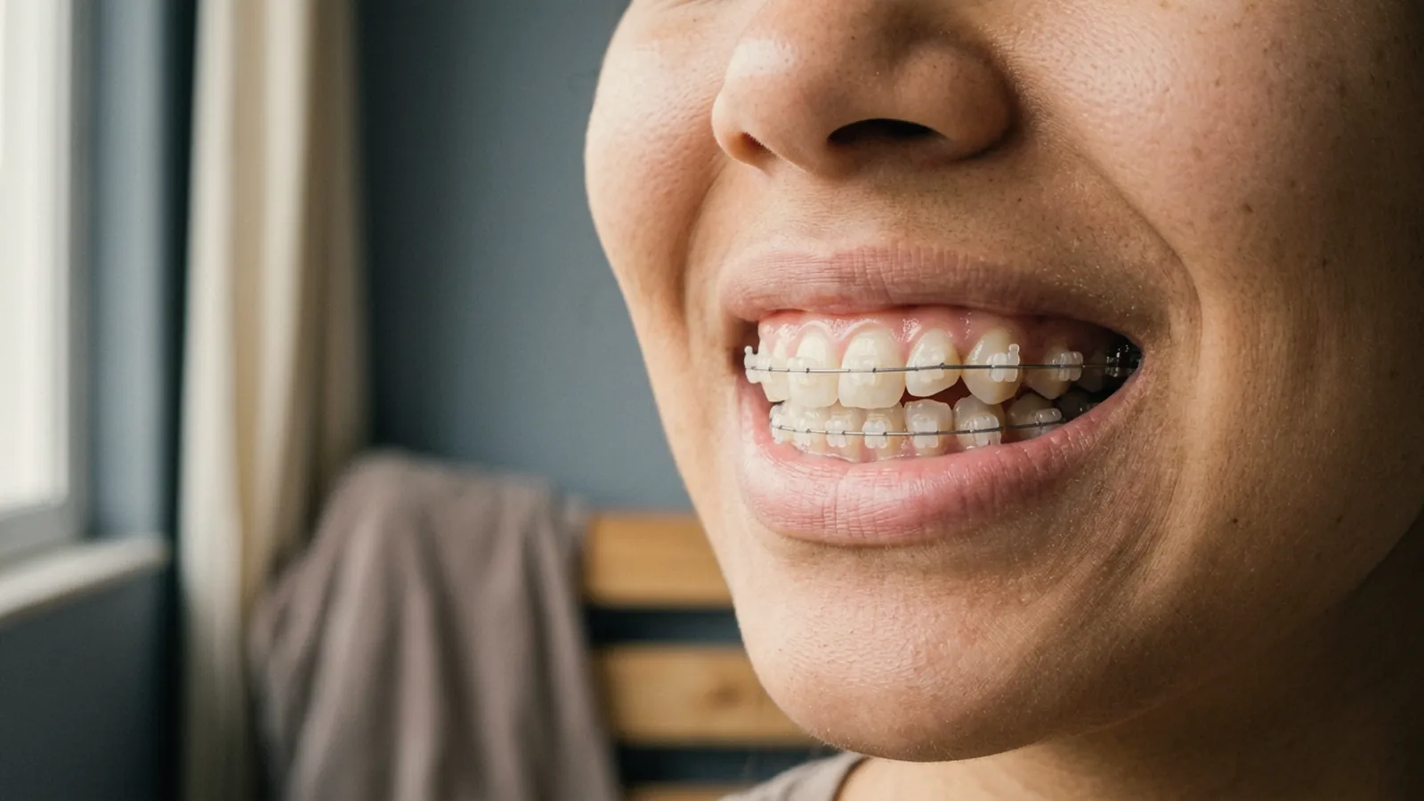 Sorriso de uma jovem com aparelho de bráquetes de cerâmica transparentes