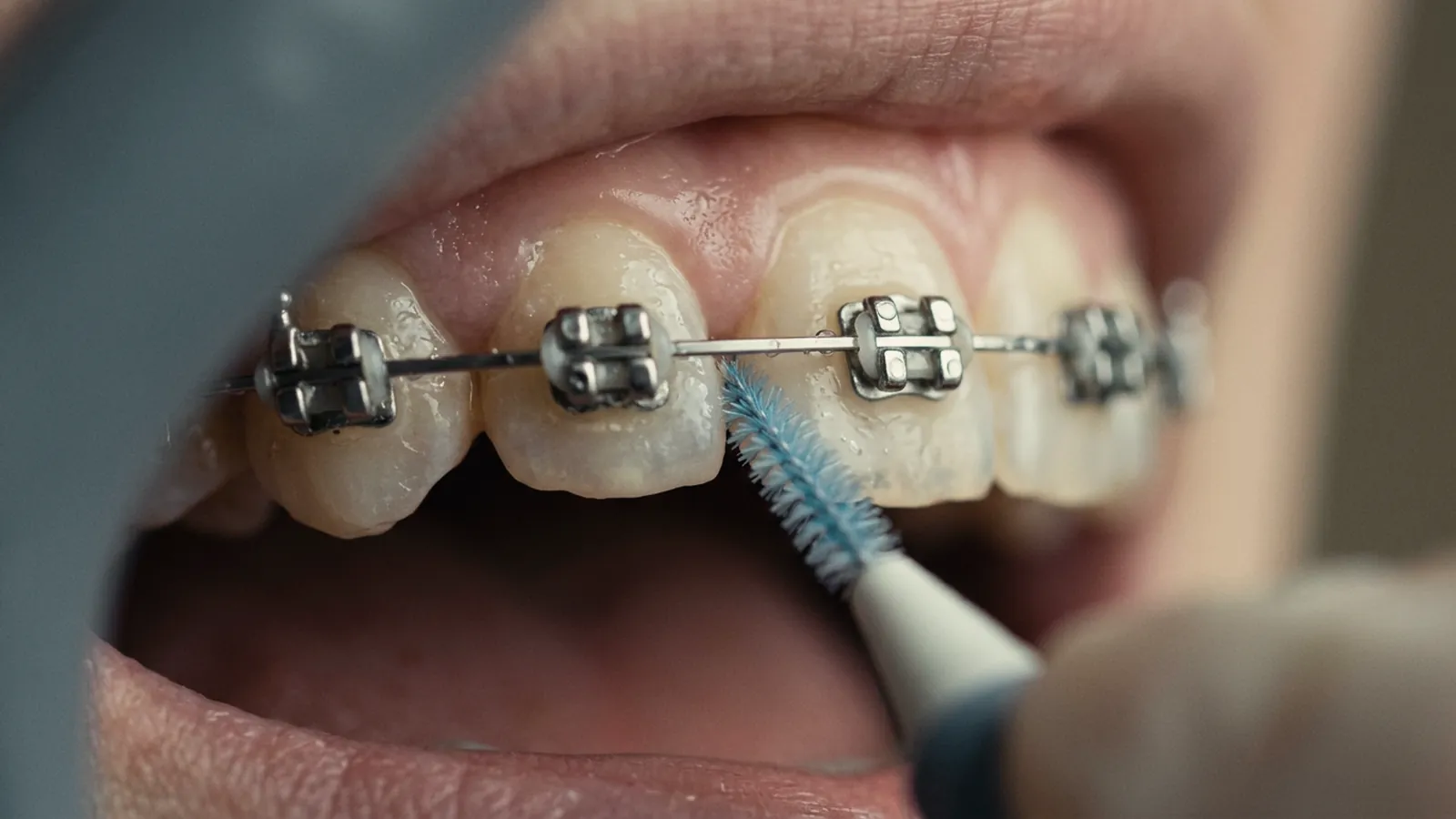 Escova interdental passando por baixo do fio entre os bráquetes do aparelho ortodôntico
