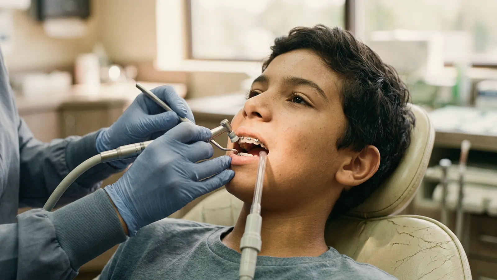 Mãos de dentista fazendo limpeza profissional nos dentes de um adolescente com aparelho fixo