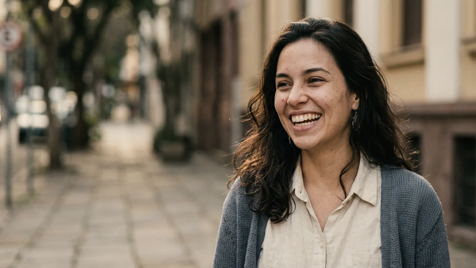 Mulher rindo na rua com os dentes alinhados depois do tratamento ortodôntico