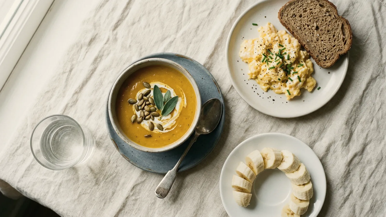 Mesa com sopa de abóbora, ovos mexidos e banana, alimentação macia para a fase de dor na ATM