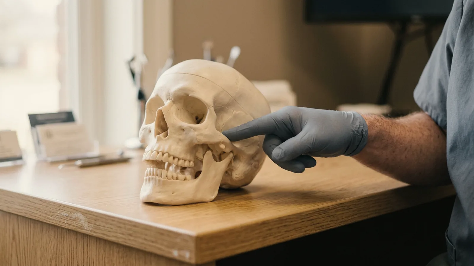 Modelo anatômico de crânio com um dedo de luva apontando a articulação temporomandibular
