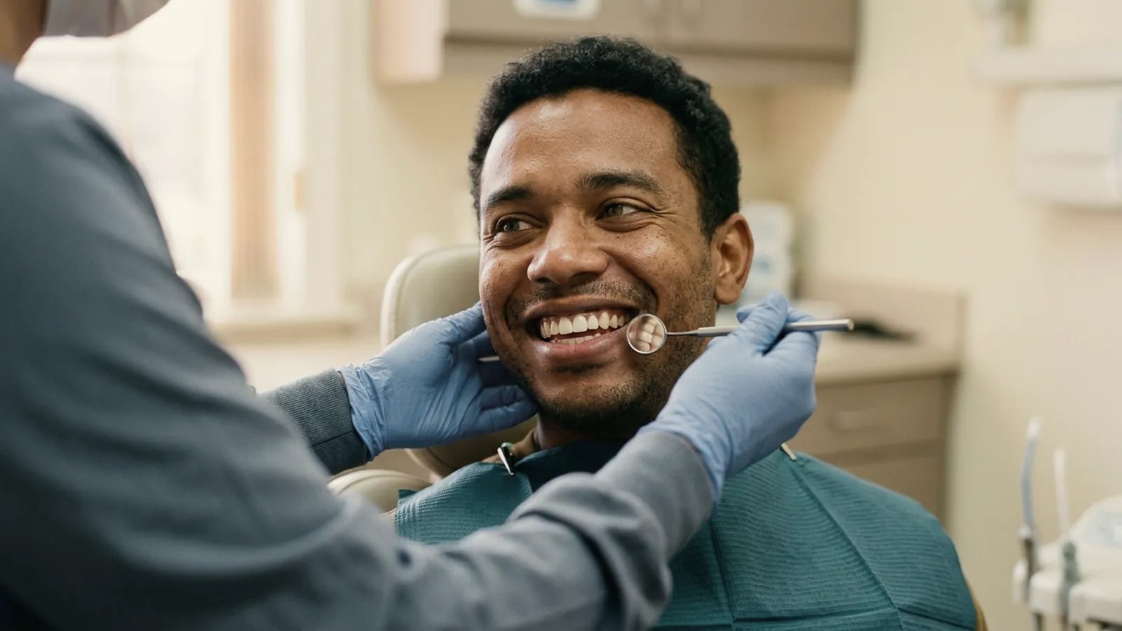 Paciente sorrindo durante a avaliação ortodôntica enquanto a dentista observa com um espelho