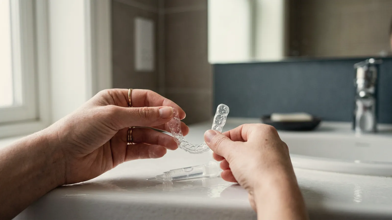Mãos segurando uma moldeira transparente de clareamento ao lado da seringa de gel