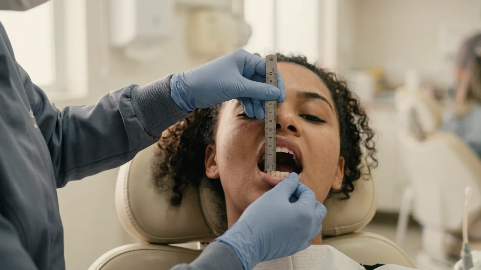 Dentista medindo com régua milimetrada a abertura da boca de uma paciente na cadeira odontológica
