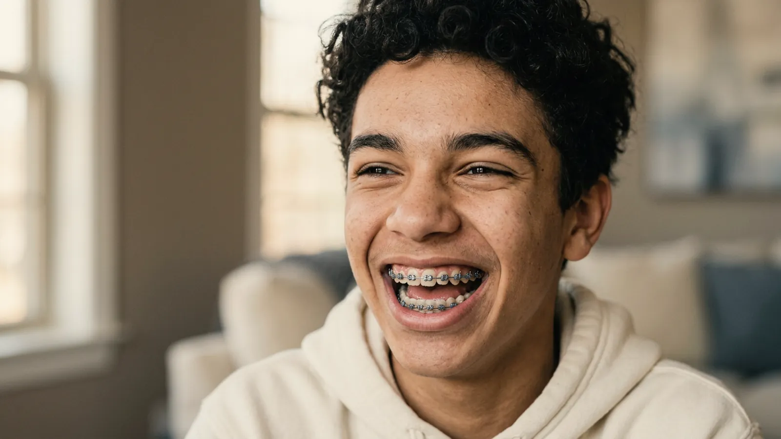 Adolescente rindo com aparelho ortodôntico fixo metálico e elásticos coloridos