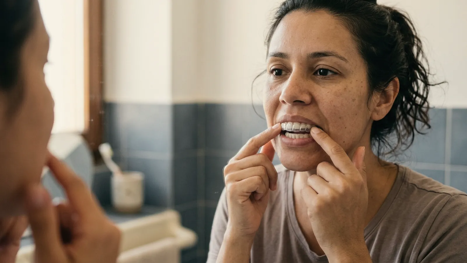 Mulher encaixando o alinhador transparente nos dentes de cima diante do espelho