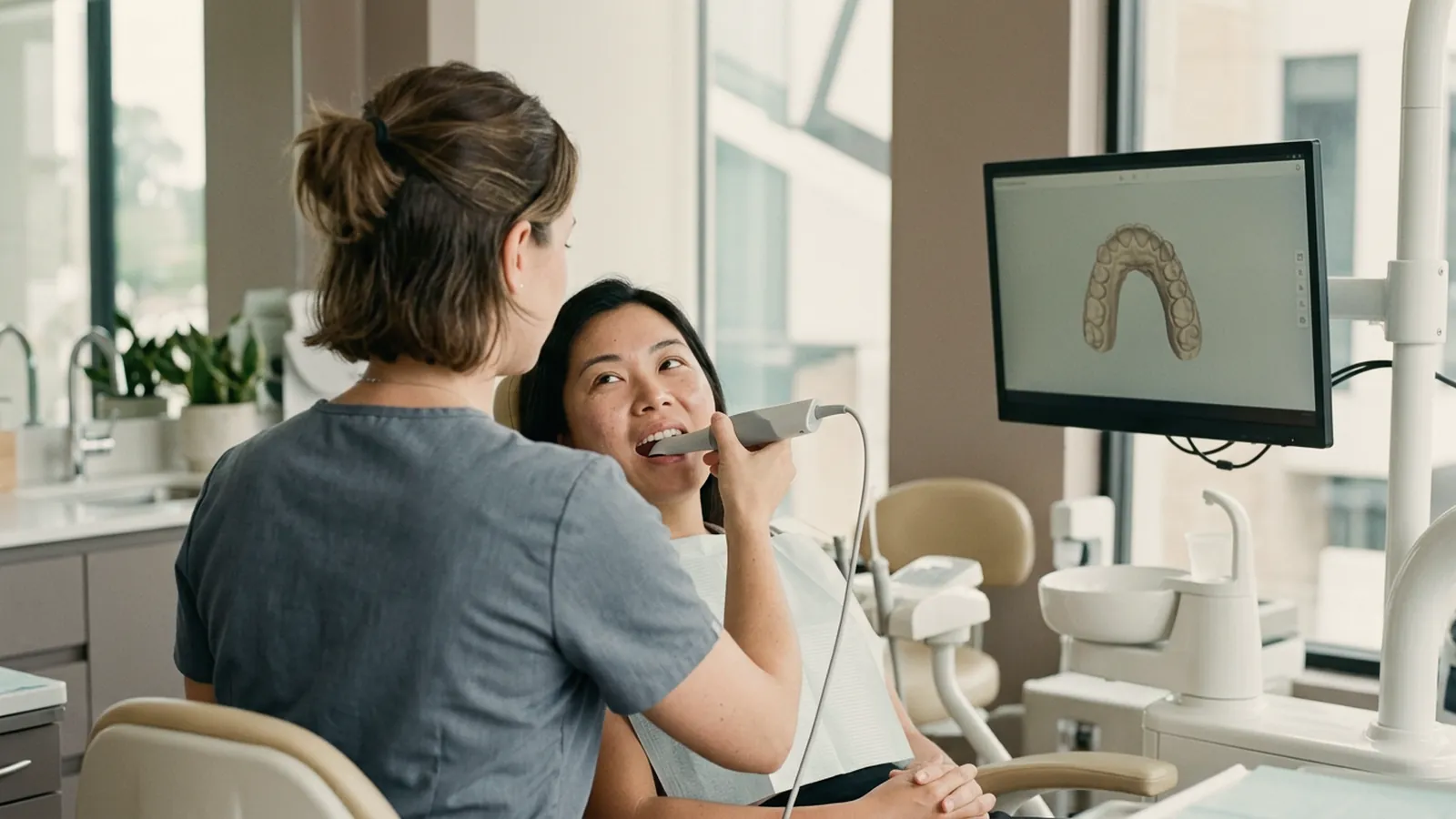 Dentista de costas fazendo o escaneamento intraoral de uma paciente com o modelo 3D dos dentes no monitor
