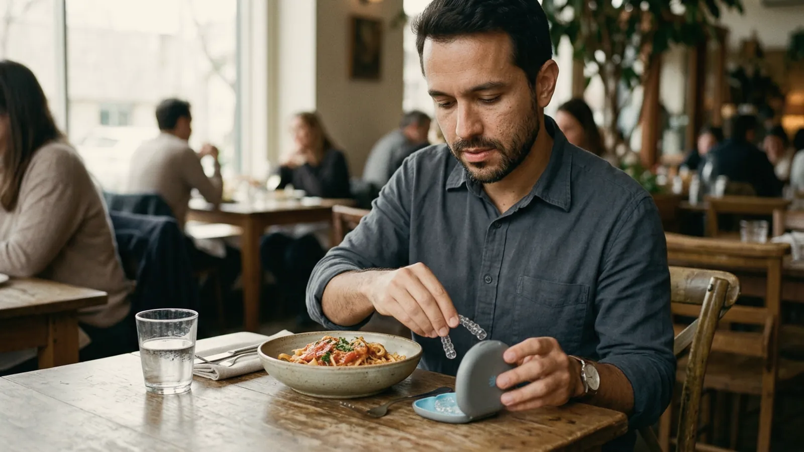 Homem guardando os alinhadores transparentes no estojo antes de almoçar num restaurante