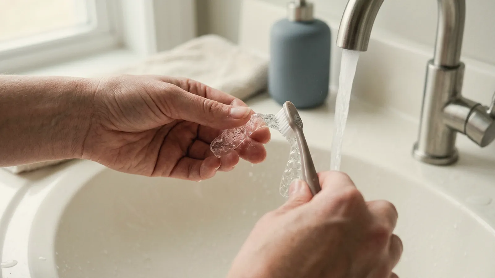 Mãos escovando um alinhador transparente embaixo da água da torneira