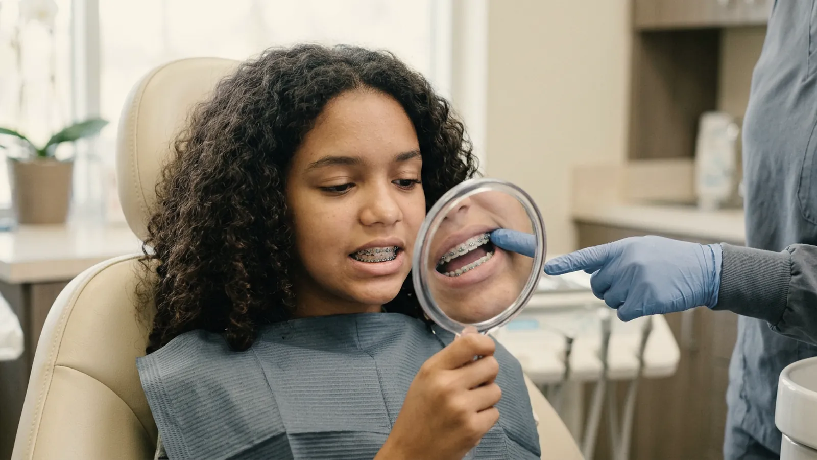 Adolescente com aparelho fixo novo olhando os dentes num espelho de mão na cadeira do dentista
