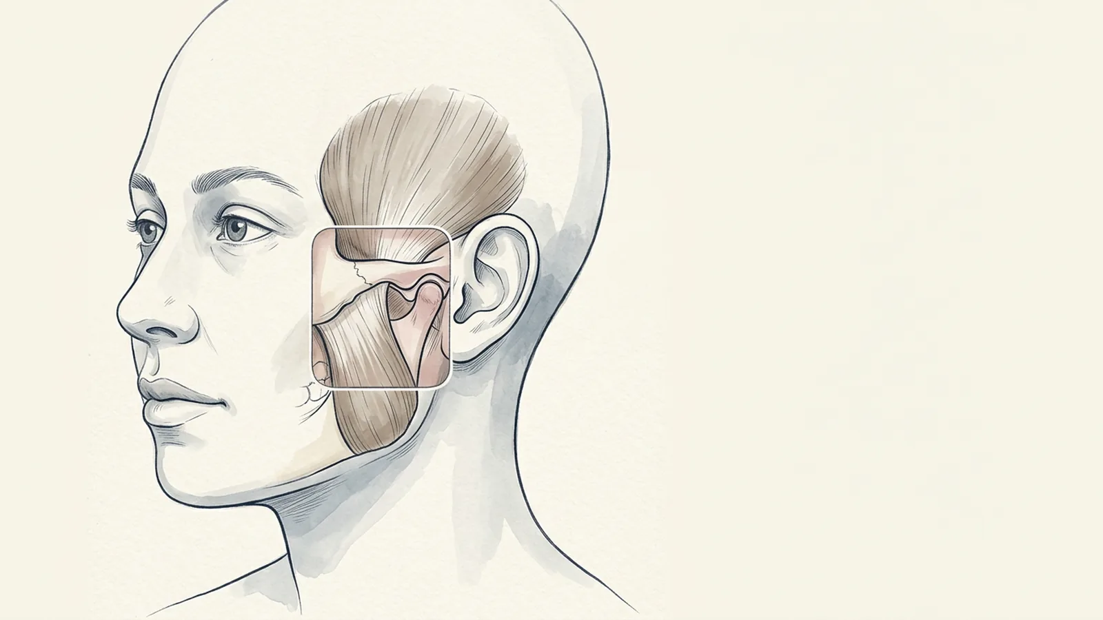 Ilustração da cabeça de perfil com a articulação temporomandibular, o disco, os músculos temporal e masseter e o ouvido